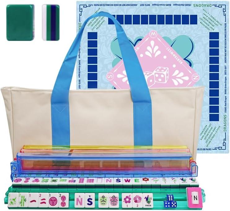 American Mahjong Game Set, Portable Carrying Bag,Acrylic 160 Tiles,Western Mahjong Tiles Set,Complete Ma Jong Set (Green), 30Mm X 23Mm X 13Mm