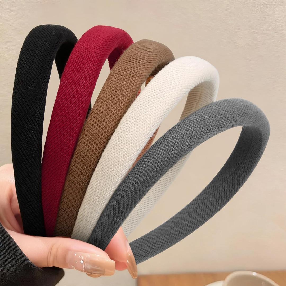 Axafazup Trendy Headbands for Women, Solid Color Non Slip Headbands for Long Short Hair, Thin Padded Hair Bands, Elastic Ribbed Fashion Accessories for Girls (5PCS)