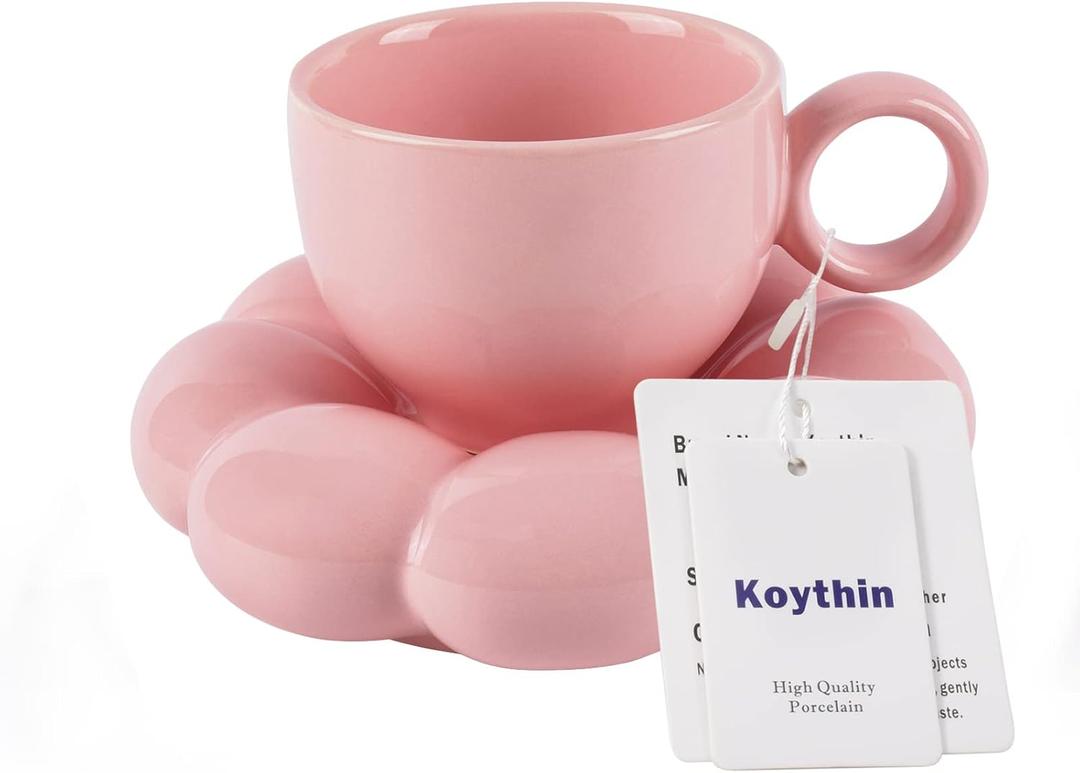 Koythin Ceramic Coffee Mug with Saucer Set, Creative Cute Cup with Sunflower Coaster for Office and Home, 6.5 oz/200 ml for Tea Latte Milk, Suitable for Mom on Mother's Day (Peach Pink)