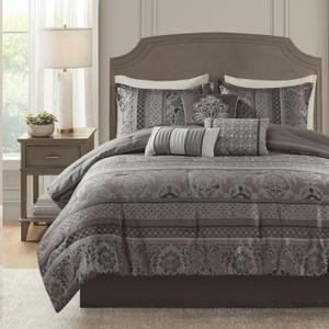 Madison Park Bellagio Cozy Comforter Set - Luxurious Jaquard Traditional Damask Design, All Season Down Alternative Bedding with Matching Shams, Decorative Pillow, Queen(90"x90"), Grey 7 Piece