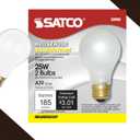 Satco S3950 A19 Incandescent Bulb, 25W, 130V, Frosted Finish, 180 Lumens, Medium E26 Base, Dimmable, 2700K Warm White, 2,500 Hour Lifespan (12 Bulbs)