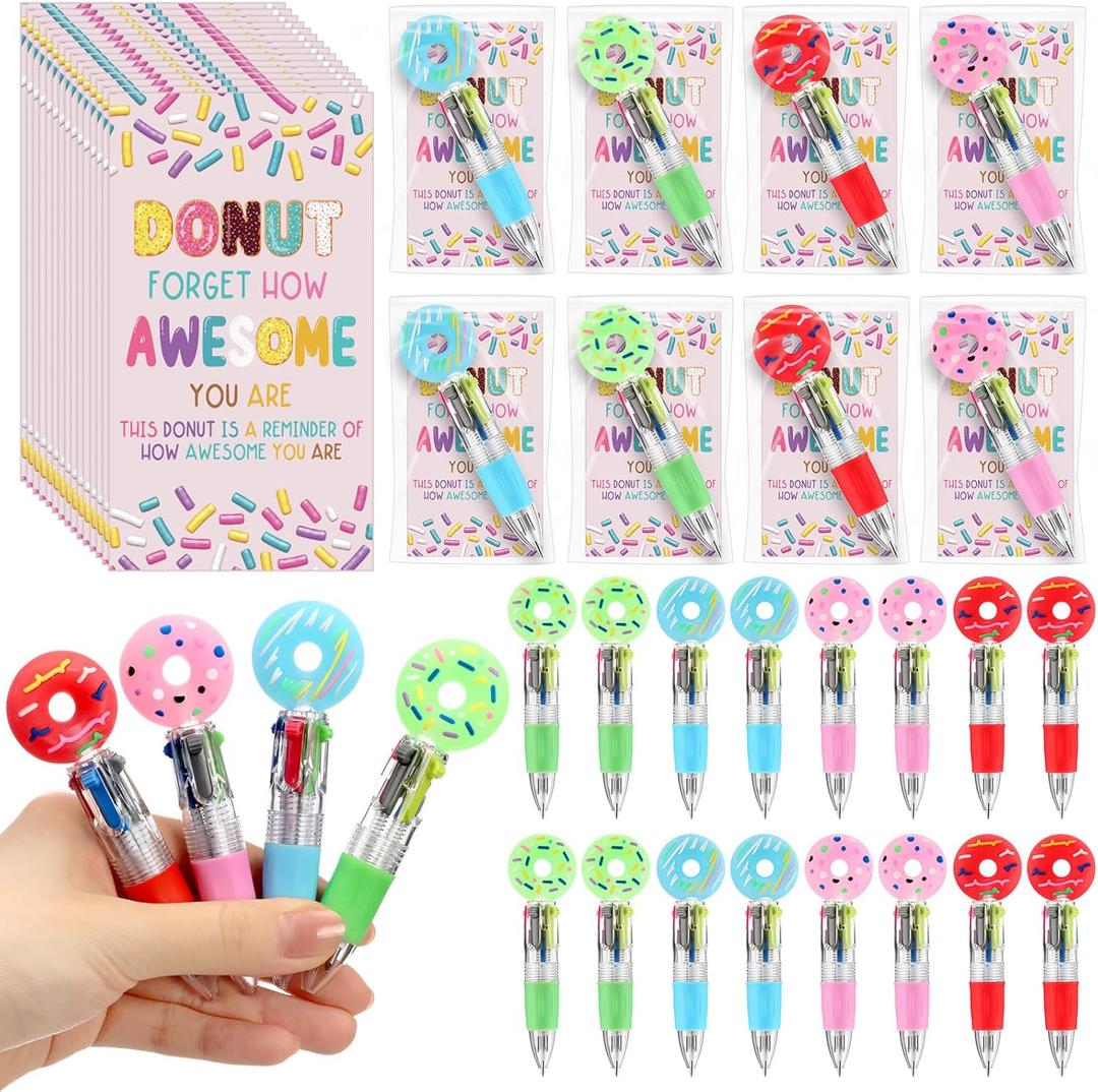 24 Sets Donuts Party Favor Pens Gift Bulk, 4-in-1 Multicolor Ballpoint Pen with Positive Cards for Christmas School Classroom Prizes and Funny Employe Appreciation Office Gift