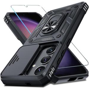 Janmitta Compatible with Samsung Galaxy S25/S24 Case Built in Slide Camera Lens Cover+Screen Protector+Finger Ring Holder Kickstand,Heavy Duty Shockproof Full Body Protective Phone Cover,Black