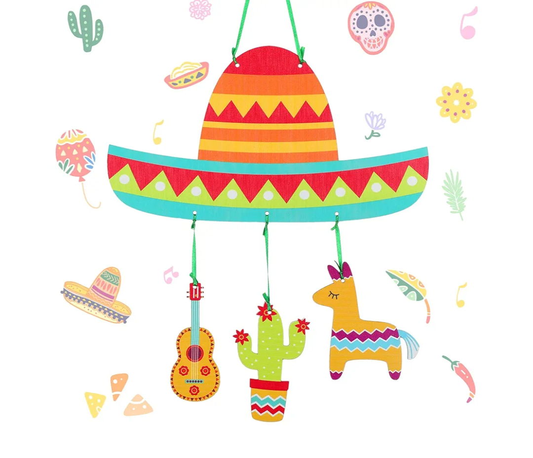 Cinco de Mayo Wood Door Sign Mexican Fiesta Hanging Welcome Decor Sombrero Guitar Cactus Wooden Plaque Wall Porch Sign Mexican Holiday Decorations for Cinco de Mayo Party