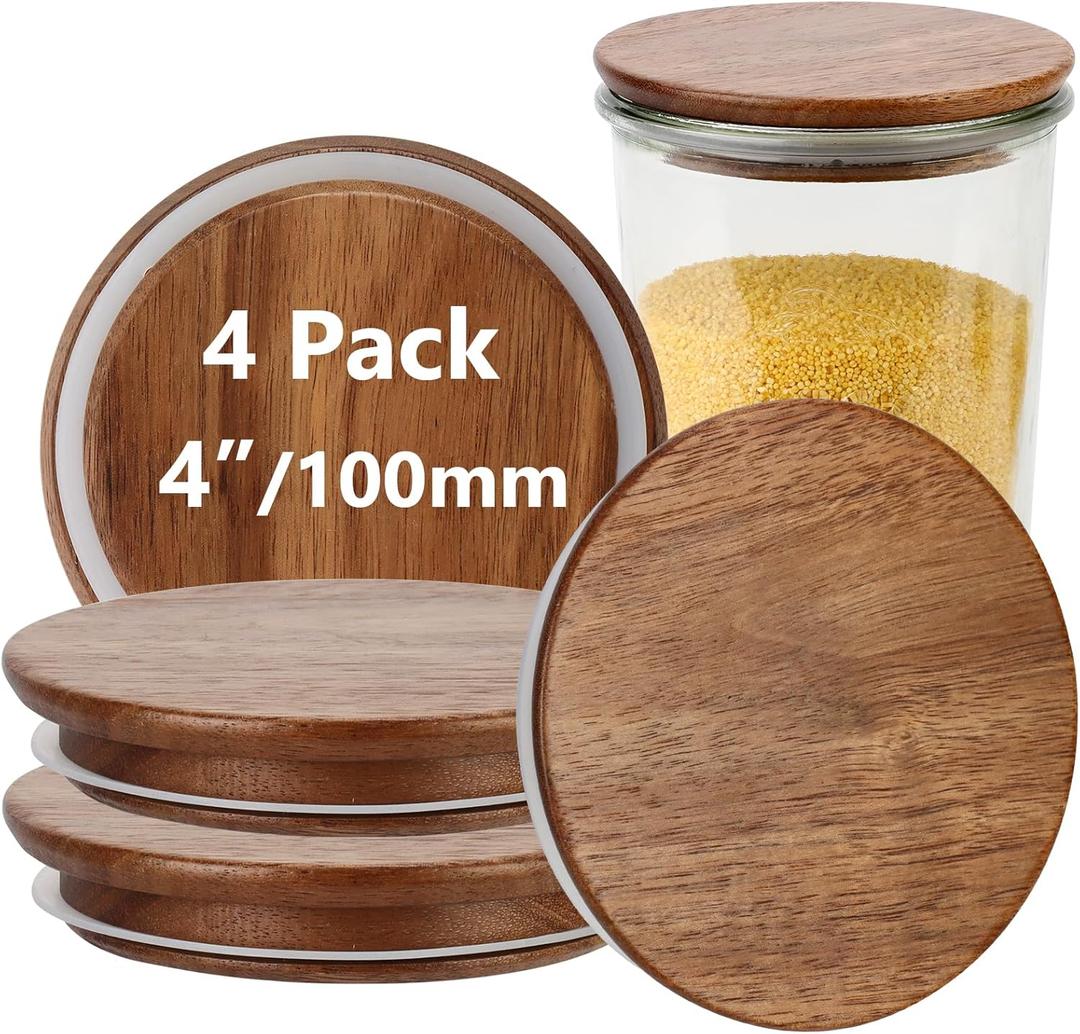 4 Pack Lids for Weck Jars 100mm Opening Acacia Tulip Glass Jar Lid with Silicone Airtight Jar Wooden Lids Large 4.25" Reusable Fits for Weck Jar Models 738 739 740 741 742 743 744 745 748 974