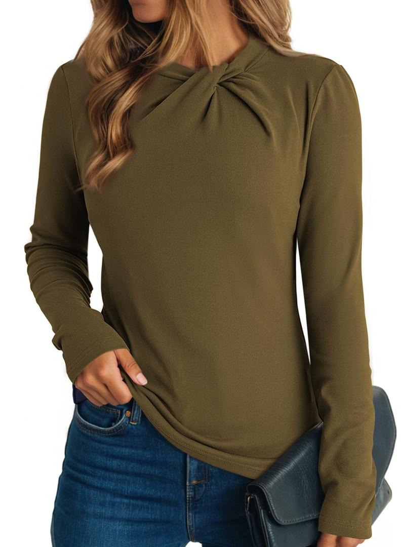 Dokotoo Womens Tops Business Casual Outfits Long Sleeve Shirts Mock Neck Twist Knot Slim Fit Soft Stretch Tees Blouses M