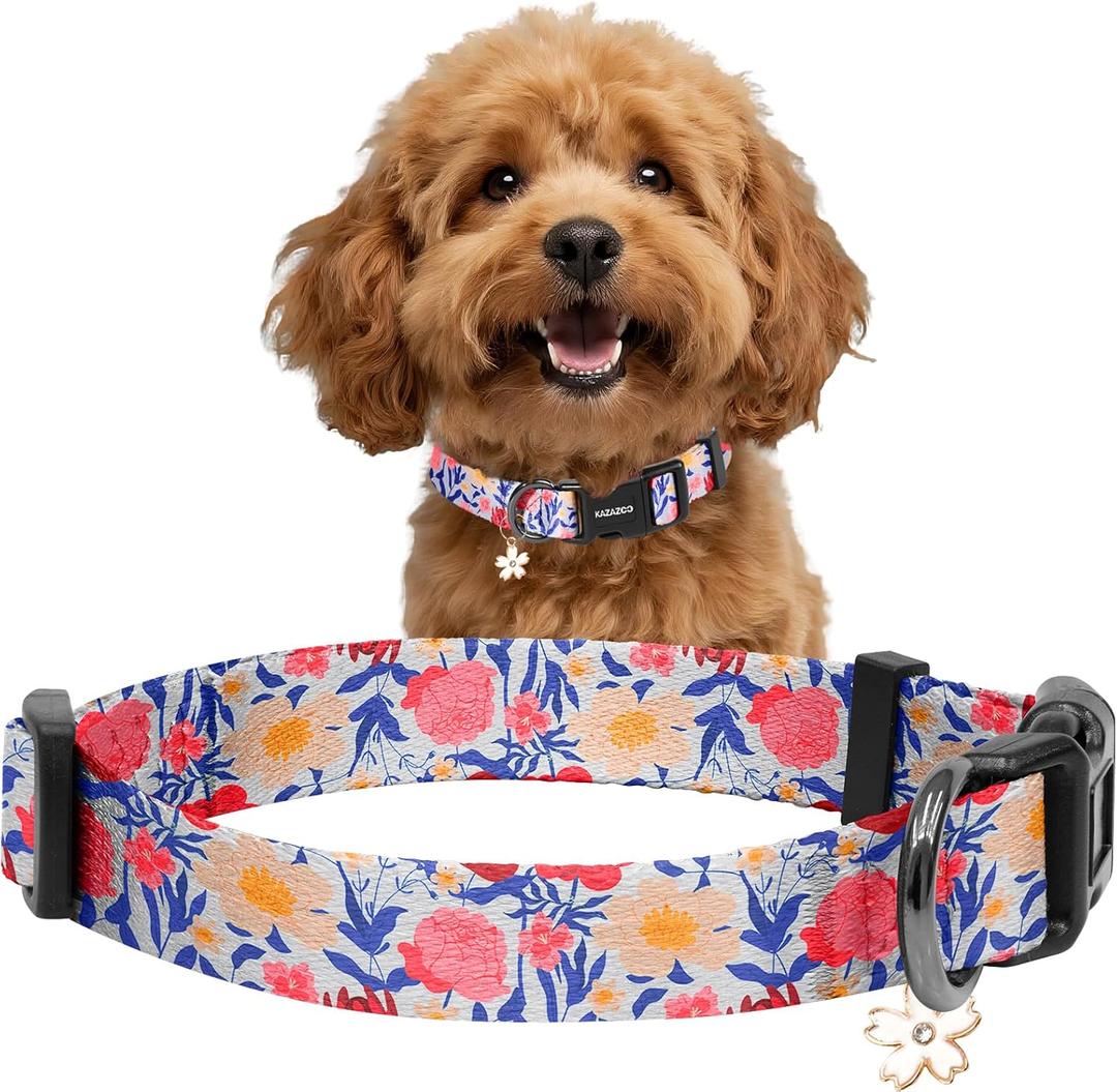 2 x Kazazoo Dog Collar Cute and Soft Nylon Puppy Collar Girl, Adjustable Dog Collars for Small Medium Dogs, Blue and Pink Flowers-S