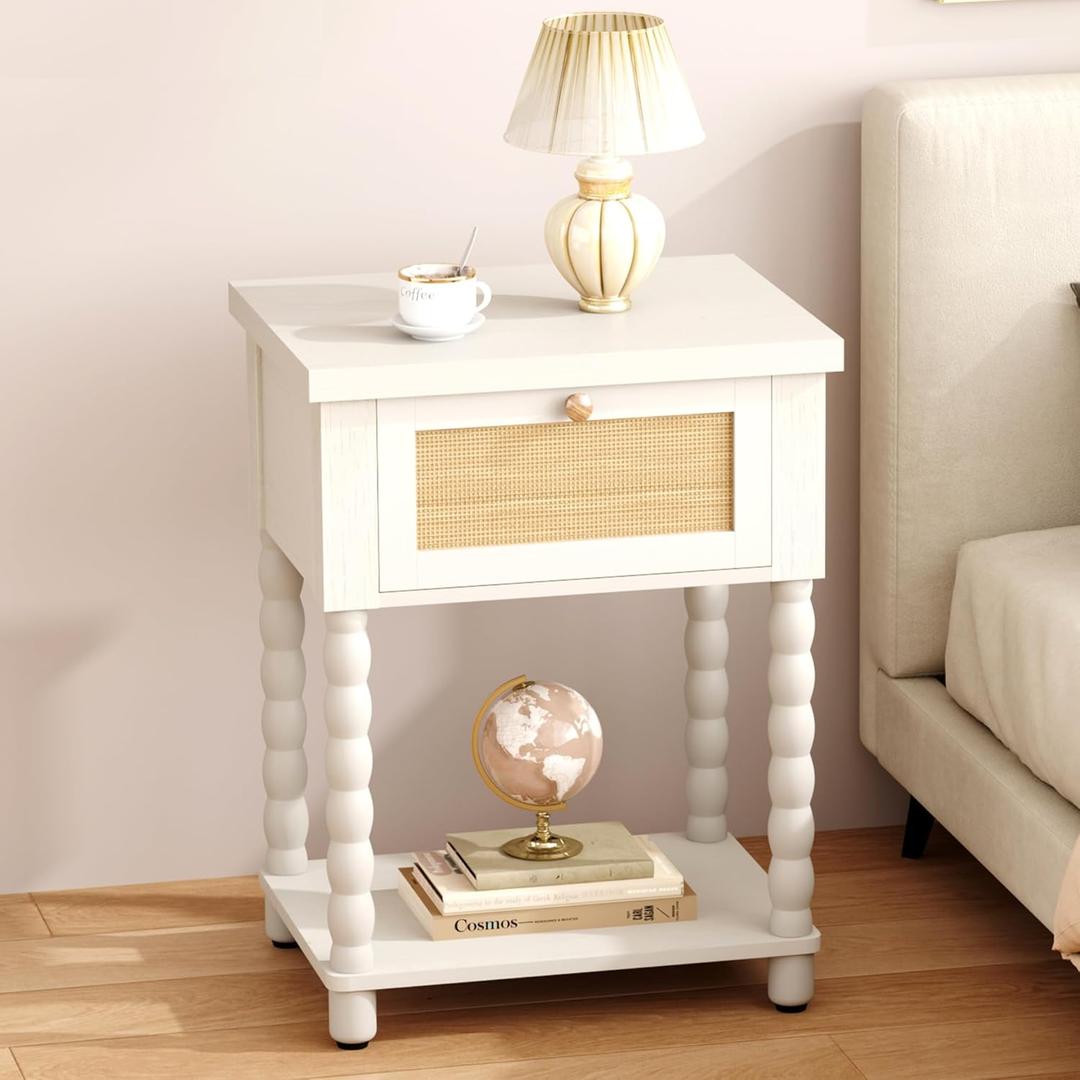 Yusong Rattan Nightstand, 20" W Bedside Table with Solid Wood Leg, Drawer and Open Shelf, Boho Night Stand for Bedroom, Bed Side Table End Table for Small Space, White Oak (Large)