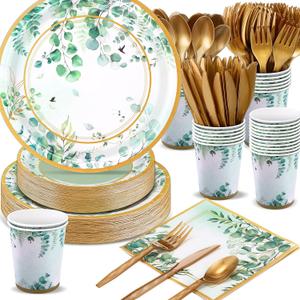 350 Pcs Tea Party Supplies Spring Summer Sage Green Tableware Set Disposable Plates Napkins Paper Cups Plastic Cutlery Set for Birthday Bridal Baby Shower Serves 50