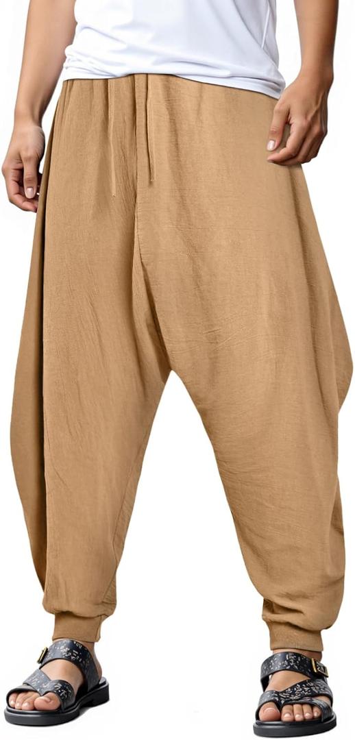 GINGTTO Men's Harem Pants with Pockets Japanese Hippie Joggers for Men Baggy (Brown, XL)