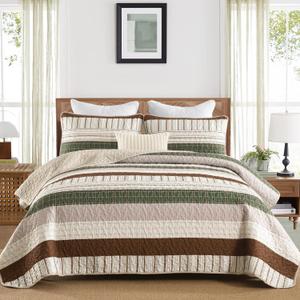 DJY Striped Quilt Set King Size, Boho Brown Green Striped Bedspread Coverlet Set Soft Microfiber Patchwork Quilt Bedding Set 3 Pieces for All Season (110"x90")