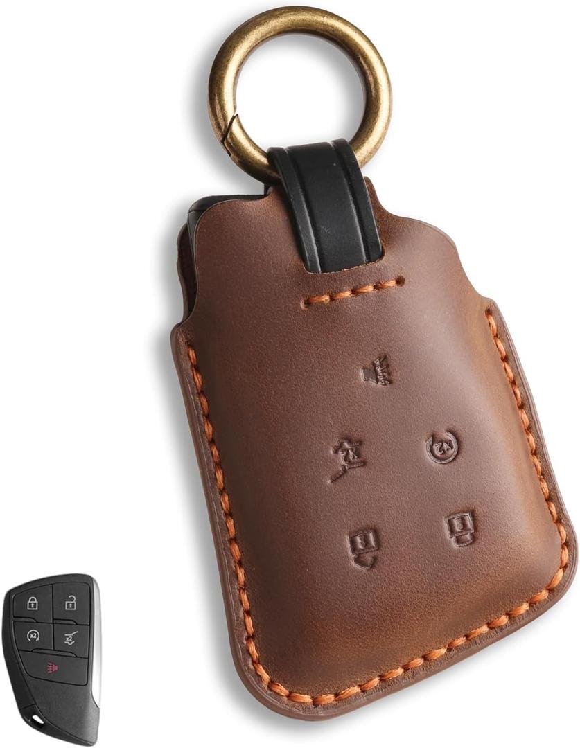 Key Fob Cover for Chevy Compatible with Colorado Silverado 1500 Equinox Tahoe Trax Terrain Blazer GMC for Honda Prologue 5 Button Smart Leather Car Key Case Shell Chain/Brown