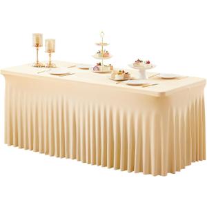 1 Pack Darck Champagne Spandex Tableclothes for 8 Foot Rectangle Tables, Wrinkle Free 8ft Fitted Table Cover Stretch Table Cloth Desk Skirt for Weddings Baby Shower Birthday Party Banquet Decorations