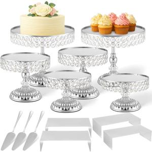 Lallisa 13 Piece Silver Cake Stand Set, Vintage Cake Dessert Display with Crystal Rim & Cupcake Trays for Wedding, Birthday Anniversary Parties, Dessert Table Decoration