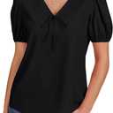 LYANER Women's Ruched Puff Sleeve V Neck Tie Knot Loose Fit Dressy Casual Blouse Shirt Top (Black, M)