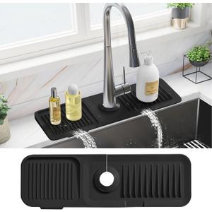 PoYang 17.7 Inch Faucet Mat for Kitchen Sink Splash Guard Behind Faucet, Sink Protectors for Kitchen Sink Faucet Mat Splash Guard for Kitchen Sink Area, Long Silicone Faucet Guard Draining Mat, Black