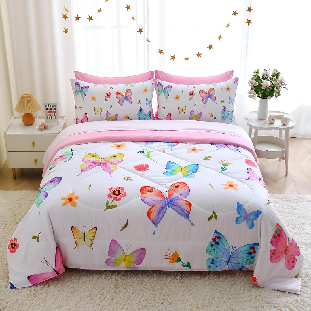 Wajade 7 Piece Butterfly Comforter Set for Girls Kids Cute Colorful Butterfly Flowers Floral Bedding Set Full Size with Sheet and 2 Pillowcases 2 Pillow Shams Bed in a Bag as Birthday Choice