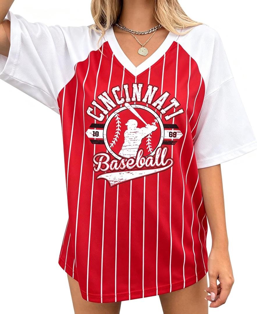 Baseball Shirt Women Oversized Game Day Fan T-Shirt Baseball Season Short Sleeve Tops (Red, L)