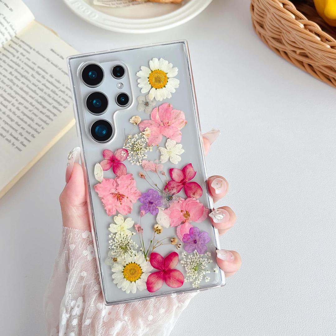 XIZYO for Samsung Galaxy S24 Ultra Case Cute Floral Clear Daisy Pattern Aesthetic Dried Flowers Women Girls Glitter Slim TPU Bumper Shockproof Protective Case for S24 Ultra,Pink Purple Flower
