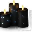 Flameless Candles Embeded Twinkle Starlight, Waterproof LED Flameless Candles with Remote, Plastics Realistic Pillar Candles for Home Decor, Outdoor Garden, Patio Decor 3pcsBlack