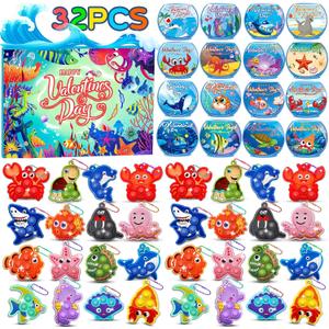 Valentines Gifts for Kids Classroom School, 32 PCS Valentines Cards for Kids with Sea Animal Pop Fidget Toys, Valentines Party Favors, Valentines for Class, Valentines Exchange Gifts for Boys Girls
