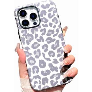 Cute Leopard Case for iPhone 16 Pro Max, Aesthetic Leopard Cheetah Pattern Design for Women Girls, Hybrid 2 Layer Hard Shell and Soft Silicone Protective Shockproof Frosted Phone Case, Gray