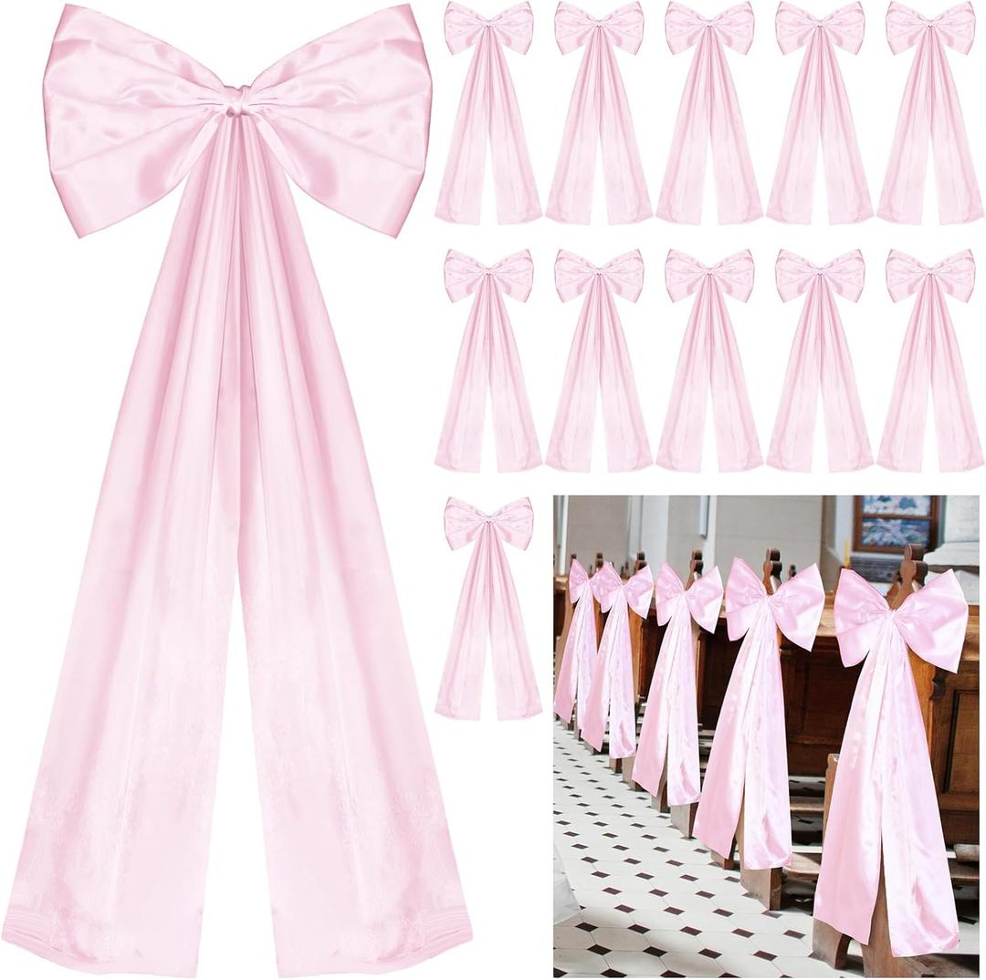 Large Wedding Pew Bows with Long Tails 12 x 29.5 Inch Wedding Aisle Decorations Bows Satin Ribbon Background Decor for Bridal Shower Reception Ceremony (Pink,12 Pcs)
