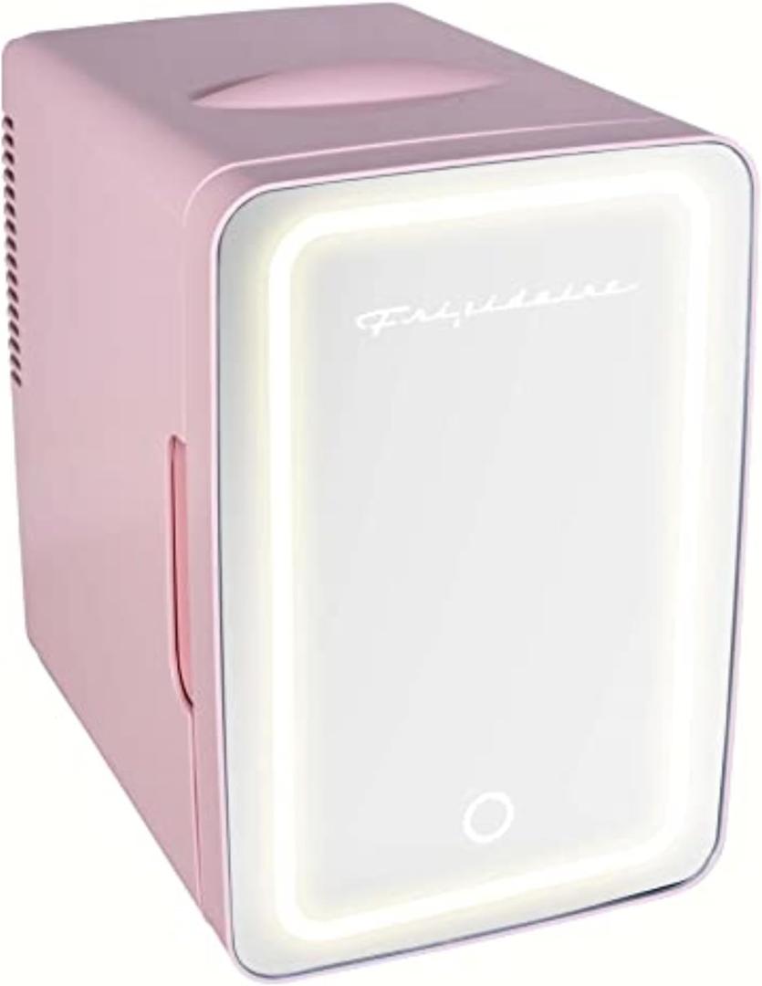 FRIGIDAIRE Mini Personal Fridge Cooler, LED Lighted Mirror, 6.5L Capacity, 9 Cans, 100% Freon-Free & Eco Friendly, for Makeup, Skincare, Portable, Pink, Standard