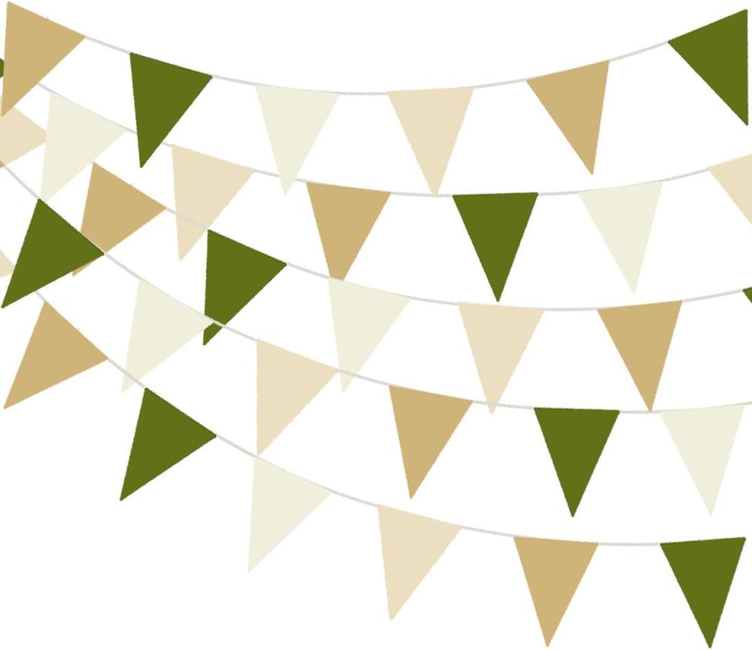 32 Meters 105ft Olive Green Tan Brown Beige Party Bunting Banner Cream Ivory Fabric Pennant Champagne Khaki Triangle Flags, Neutral Decorations for Boho Rustic Birthday Baby Shower Wedding Decor