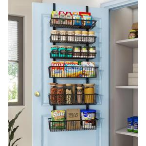 Mefirt Over The Door Pantry Organizer, Pantry Organization and Storage, 6-Tier Deep Baskets Hanging Heavy-Duty Metal, Wall Spice Rack Seasoning Shelves for Home & Kitchen, Laundry Room Bathroom, Black
