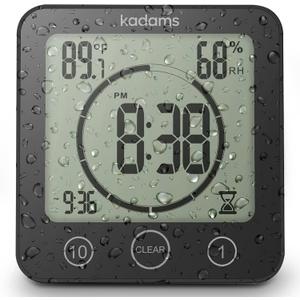 KADAMS Shower Clock Waterproof Bathroom Timer  Digital Wall Clock with Countdown, Magnetic Kitchen Clock with Temperature & Humidity, Suction Cup for Kids Shower Spa Cook Bath (Black)