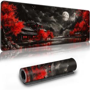 Long Gaming Mouse Pad Extended Anime Large Desk Pad with Non-Slip Base Full Keyboard Mat with Stitched Edges for Gaming and Office 31.5 x 11.8 inches (Dark Night Full Moon)