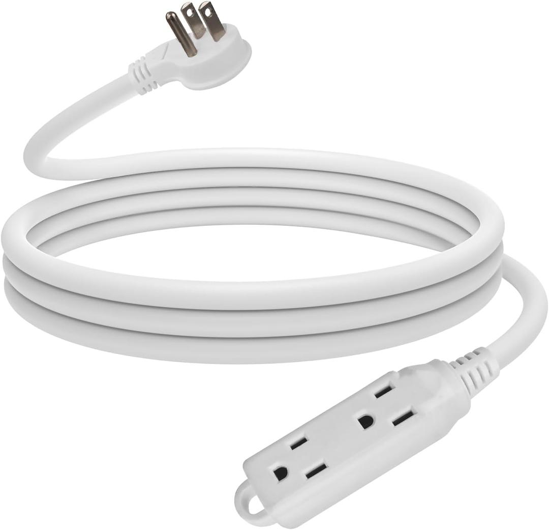EP Low Profile 10 Ft Flat Plug Extension Cord - 16 AWG 3 Prong Grounded Cable with 3 Outlets, Perfect for Indoor Use, White, UL Listed