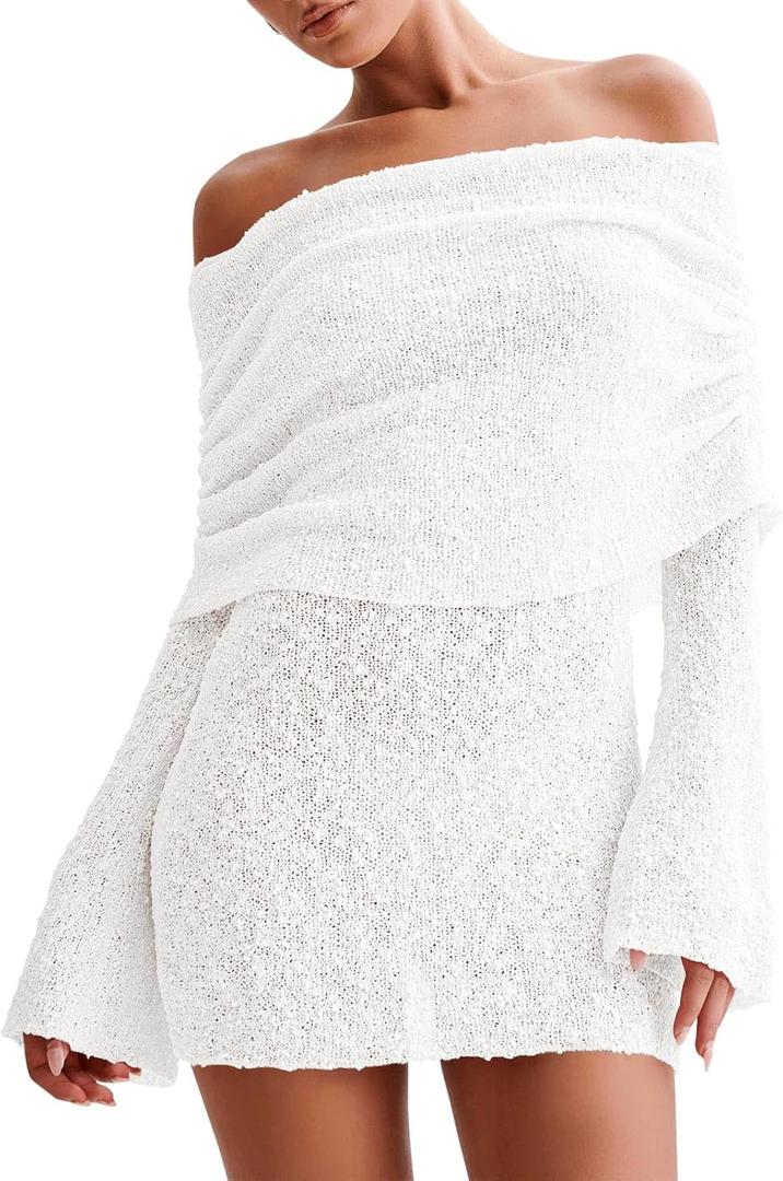 Imily Bela Womens Beach Swimsuit Cover Ups Summer Off The Shoulder Long Bell Sleeve Sheer Mini Dress (Large, White)