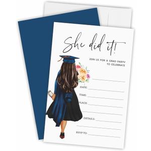 Graduation Party Invitation Cards 2026 - Grad Girl & Flowers, She Did It - 20 Graduation Invites With Envelopes, High School, College, University,Grad Party Favor, Decorations & Supplies - 05