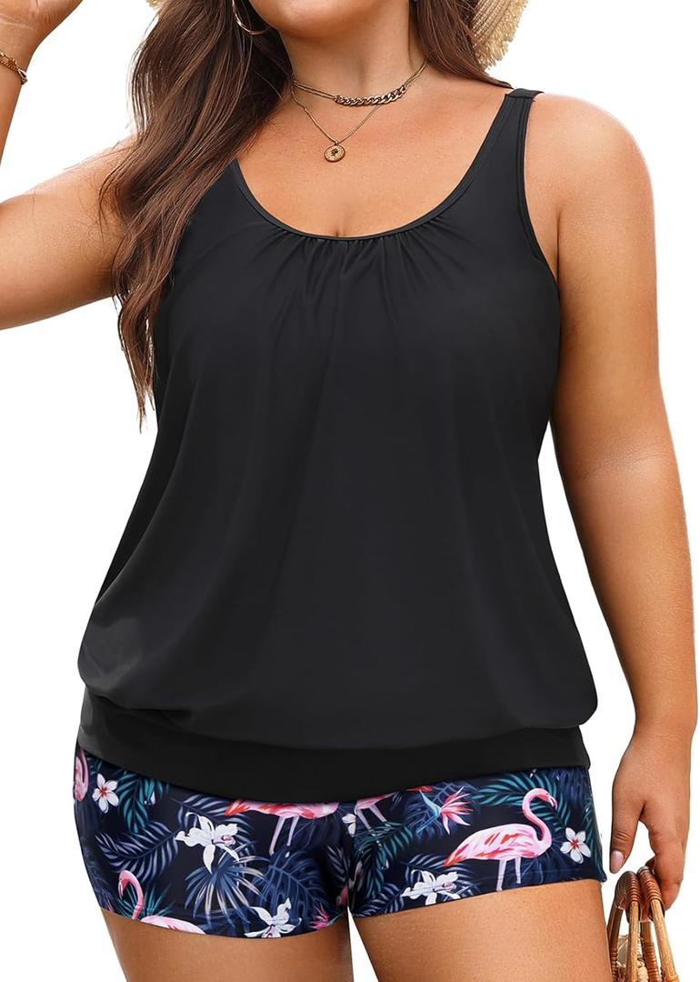 Yonique Plus Size Tankini Swimsuits for Women Blouson Tankini Tops with Swim Shorts Two Piece Bathing Suits Black Flamingo 18 Plus