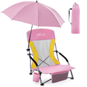 Homcosan Portable Low Folding Beach Chair with Detachable Umbrella - Lightweight Camping Chair for Adults with Cup Holder & Storage Pocket, Carry Bag Included (Pink)