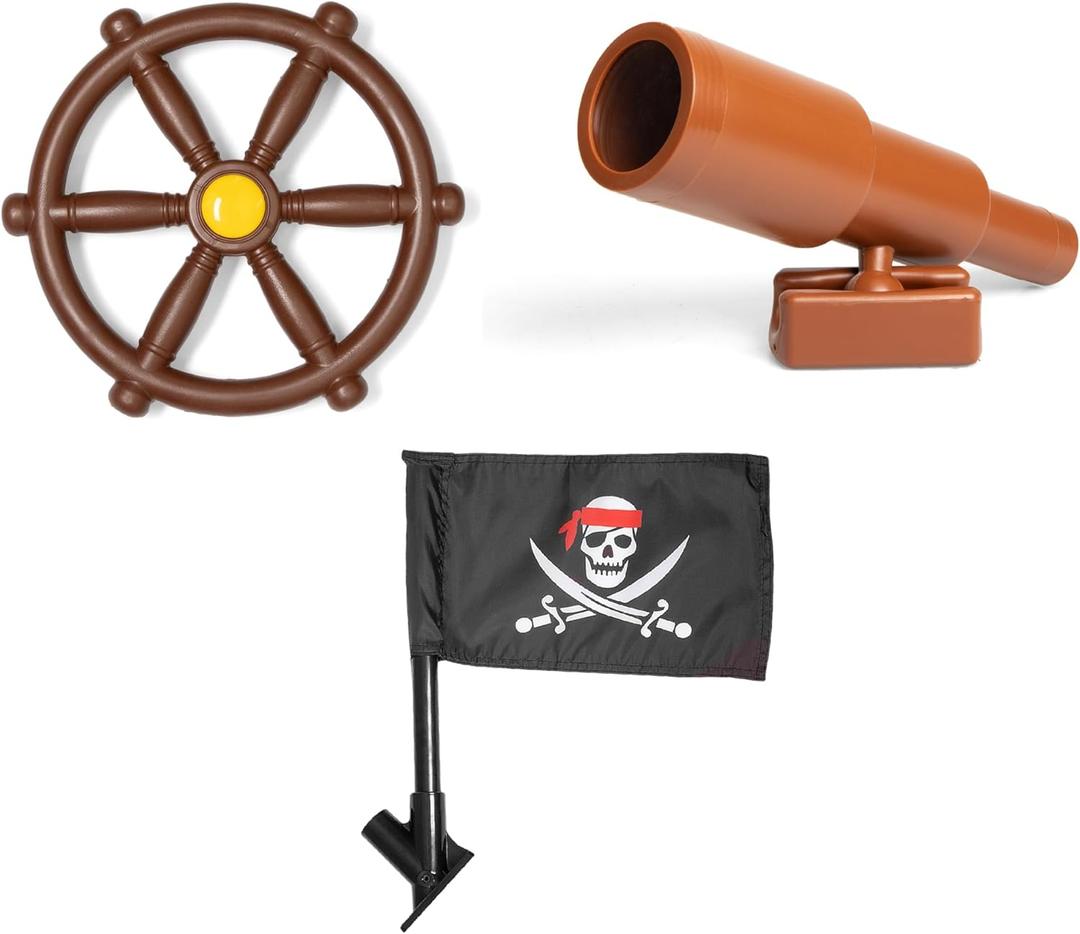 Barcaloo Playground Accessories for Kids Outdoor Playset with Pirate Ship Playhouse Wheel, Telescope & Flag Play Set, Attachments for Backyard Treehouse, Jungle Gym and Swing Set