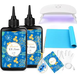 Bsrezn 200g UV Resin Kit with Light, Crystal Clear Solar Activated UV Epoxy Resin for Jewelry Making (100g x 2)