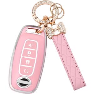 Key Fob Cover for Nissan - 4 Buttons Soft TPU Key Fob Case for 2023 2024 Pathfinder Rogue Versa kicks 2025 Sentra Patrol Armada Full Protection Car Key Cover with Bling Keychain (Pink)