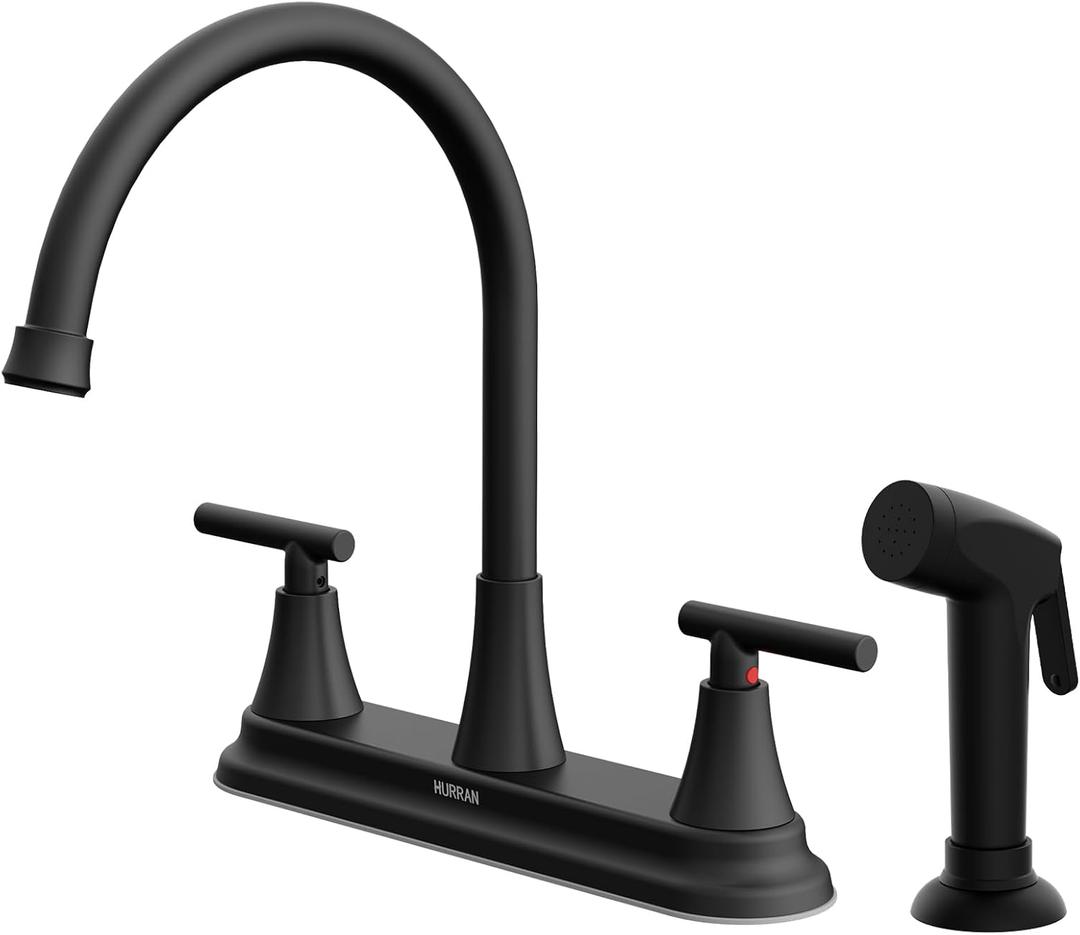 HURRAN 2-Handle Kitchen Faucet with Pull-Out Side Sprayer, 8 Inch High Arch Stainless Steel 360Rotating Kitchen Sink Faucet, 4 Hole Faucet for Kitchen Bar Rv Camper, Black