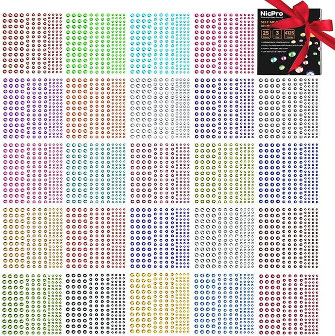 4125 PCS Self Adhesive Rhinestone Stickers, Nicpro Bling Gem Stickers for Face Nail Body Makeup Festival, 3 Sizes 25 Colors, 25 Sheets for DIY Crafts Decorations Cards