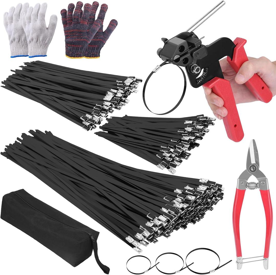 400PCS Metal Zip Ties Gun Kit, 6/8/12 Inch Heavy Duty Metal Zip Ties, Multi-Purpose Self-Locking Cable Tie Tool Set for Vehicles Farms Plants Fences Pipe Bundling, Scissors