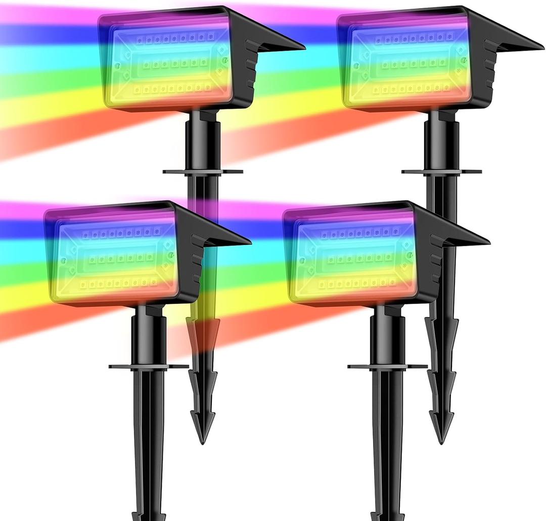 Solar Spot Lights Outdoor with 7 Lighting Modes RGB, 4 Pack Solar Color Changing Lights IP68 with 29 LED & Auto On/Off, Multicolor Outdoor Lights for Outside, Garden, Yard(Multicolor)