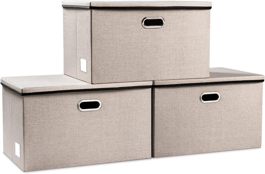 PRANDOM Extra Large Collapsible Storage Bins with Lids [3-Pack] Linen Fabric Foldable Storage Baskets Boxes Organizer Containers Cube with Cover for Bedroom Closet Office Nursery (22.8x15.7x13.8) (Light Grey)