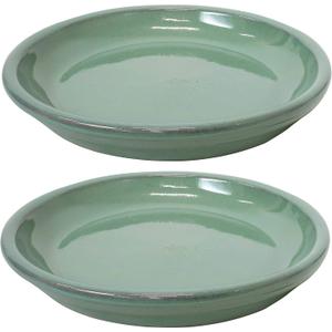 Sunnydaze 7-Inch Ceramic Plant Saucers - Plant Drip Trays for Outdoor Planter Flower Pot Drainage - Set of 2 - Seafoam