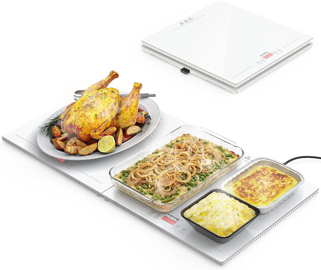 FEPPO Electric Warming Tray with Independent Temp Control, 31"x15" Glass Surface Warming Mat for Food, 10 Temp Settings and Timer, 2-in-1 Food Warmers for Parties Buffet
