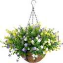 Artificial Hanging Flowers Basket, 12 UV-Resistant Bundles of Realistic Fake Flowers, Faux Plants for Outdoor Decor, Home, Garden, Porch, Patio, Spring & Summer Decorations, Yellow Purple White