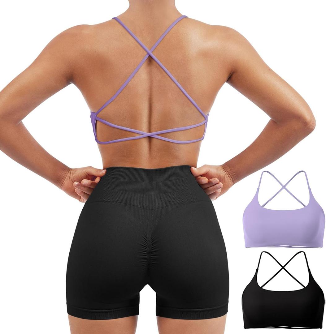 SUUKSESS Women 2 Piece Open Back Sports Bra Pack Strappy Workout Gym Yoga Crops (M)