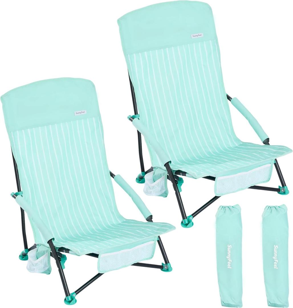 SUNNYFEEL Low Beach Chair 2 Pack, High Back Folding Beach Chairs for Adults with Cup Holder & Side Pocket, Lightweight Backpack Sand Chair Portable for Beach Camping Concert Lawn, 1.8 ft x 2.2 ft x 2.65 ft